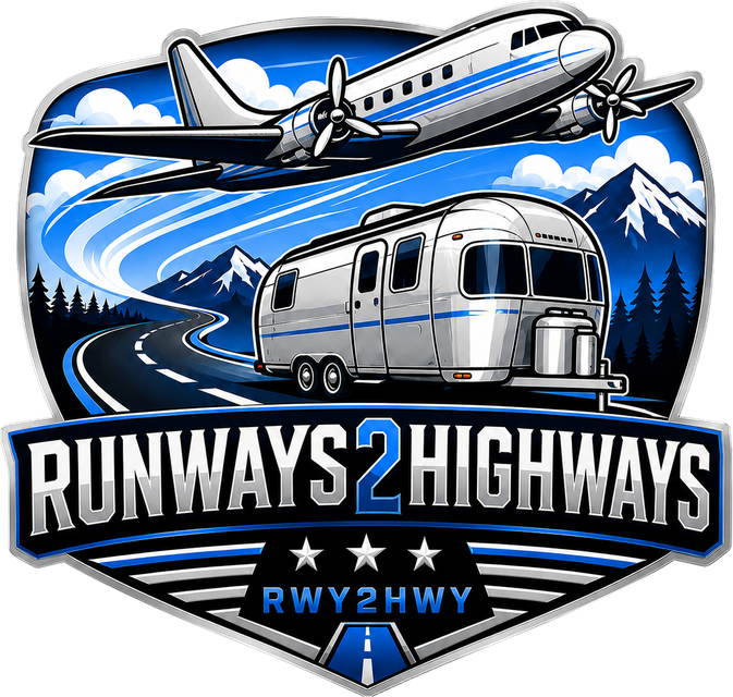 Runways 2 Highways badge, a propliner and an Airstream on a winding mountain road
