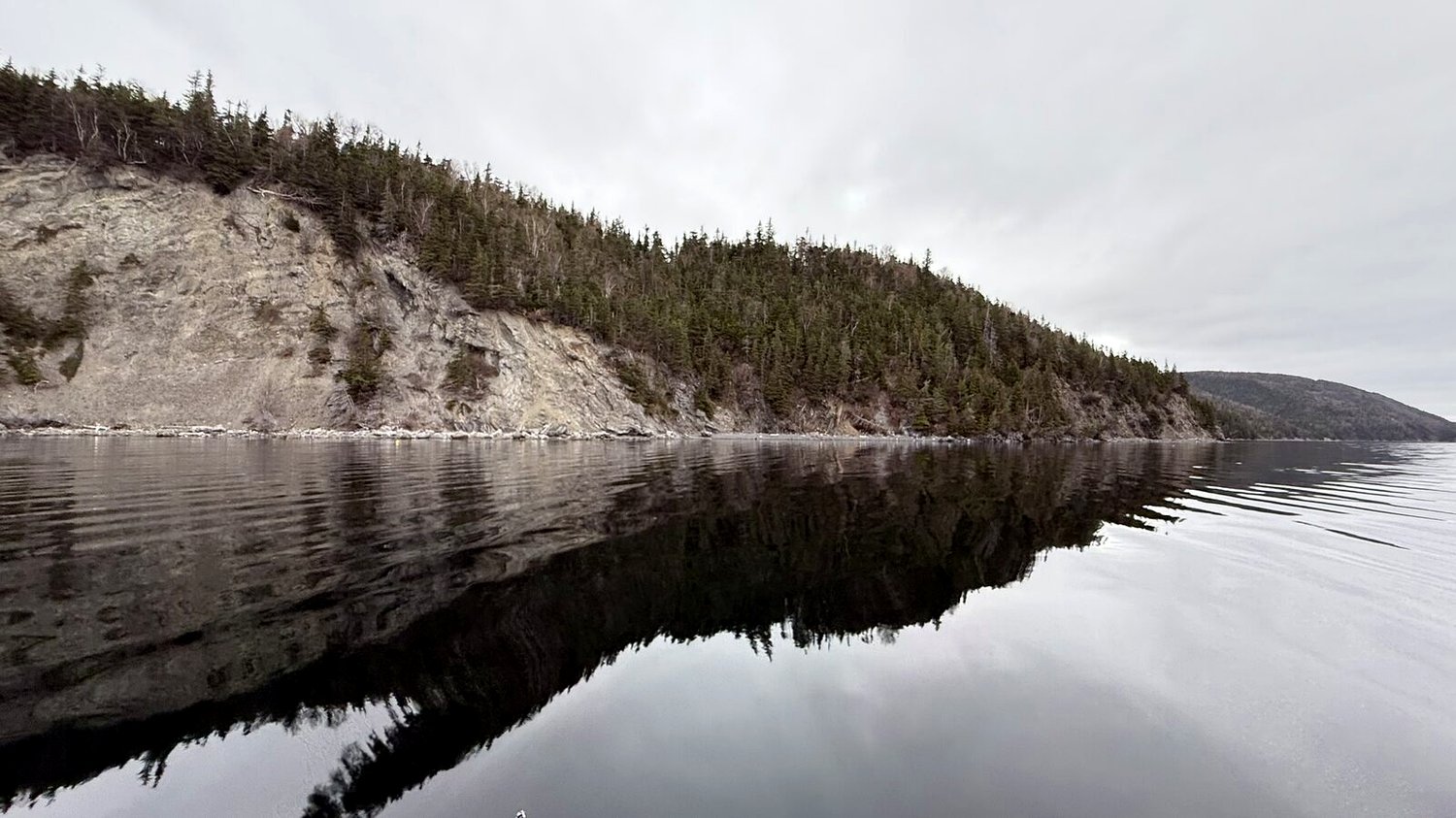 Dead calm water mirroring the cliffs along the cove