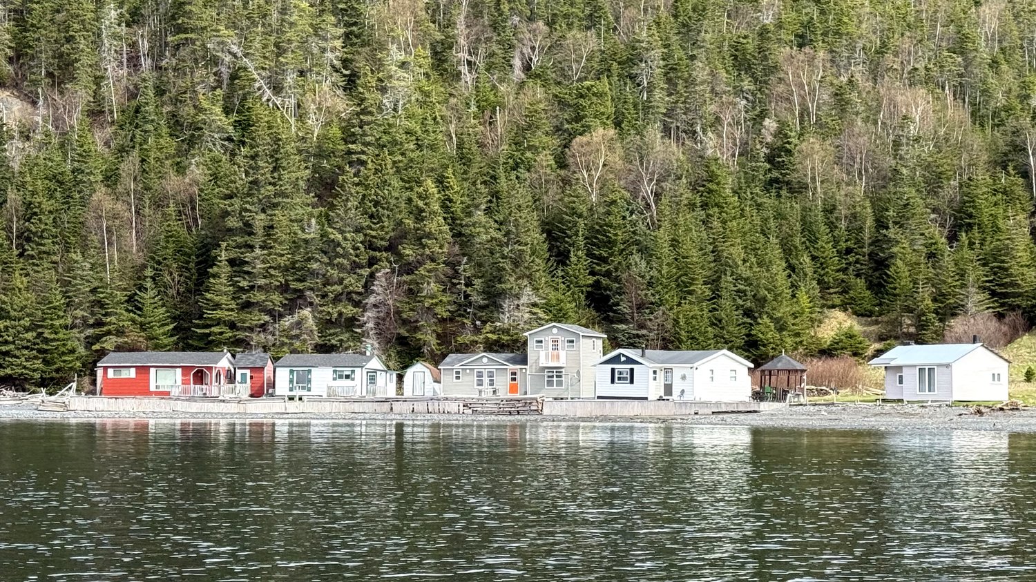 Homes along the shoreline of Cox Cove, only accessible by boat, backed by forested hills