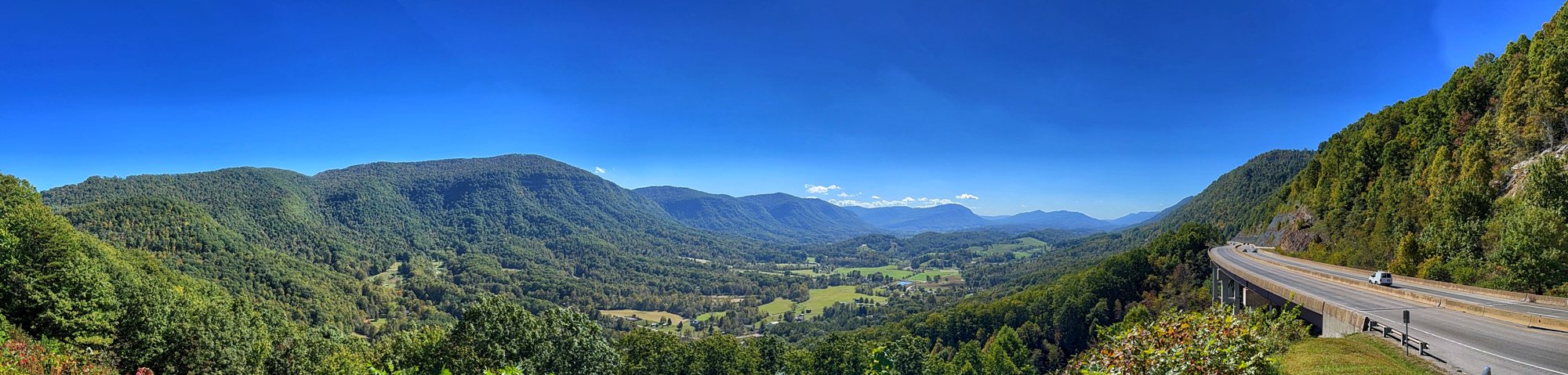 A wide panoramic view over Powell Valley from the overlook, with forested mountains, small green farm fields in the valley and a curving highway on the right under a deep blue sky