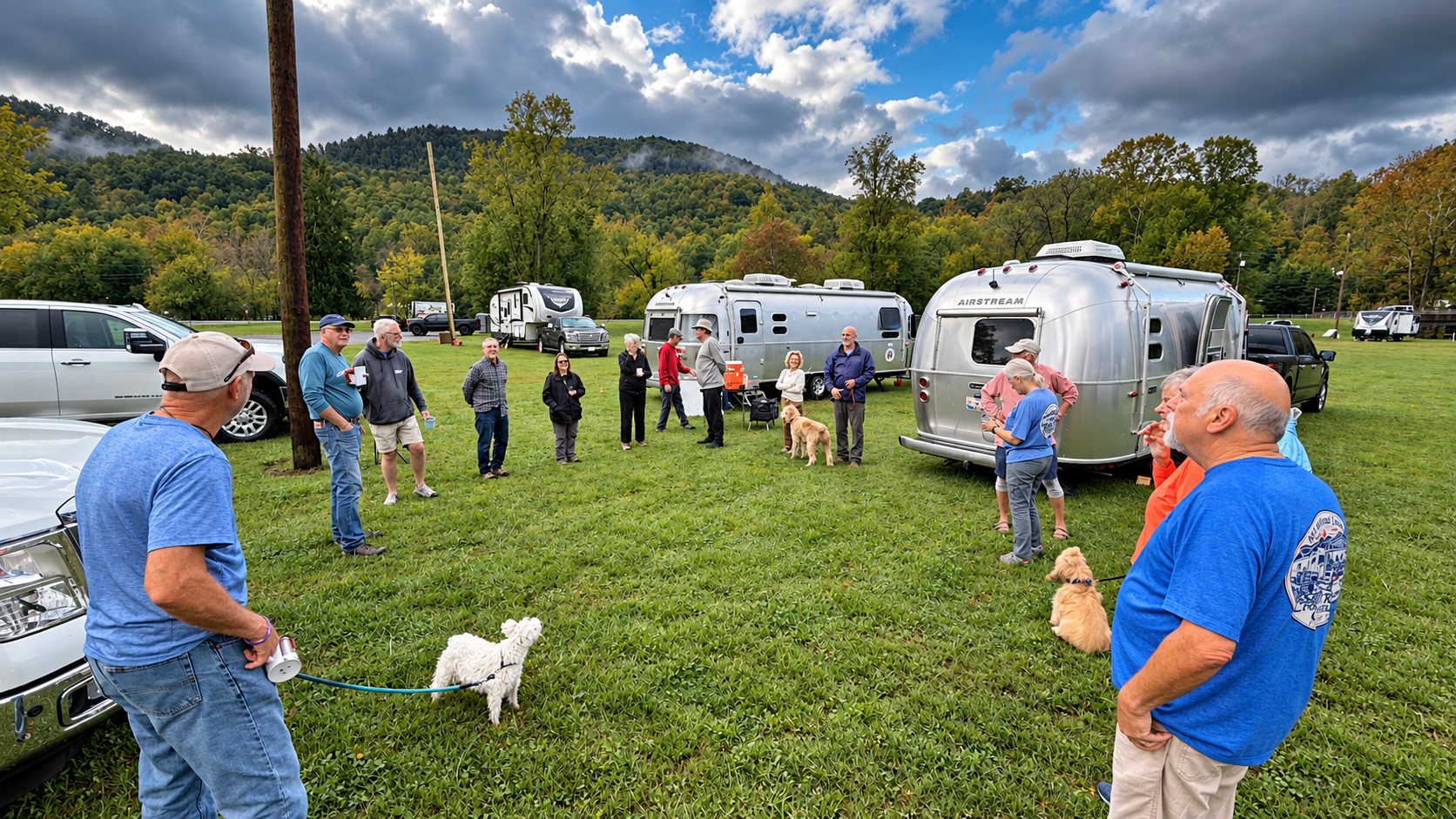 About a dozen people and a few dogs standing in a loose circle on the grass beside two Airstreams, with misty mountains and patchy blue sky behind