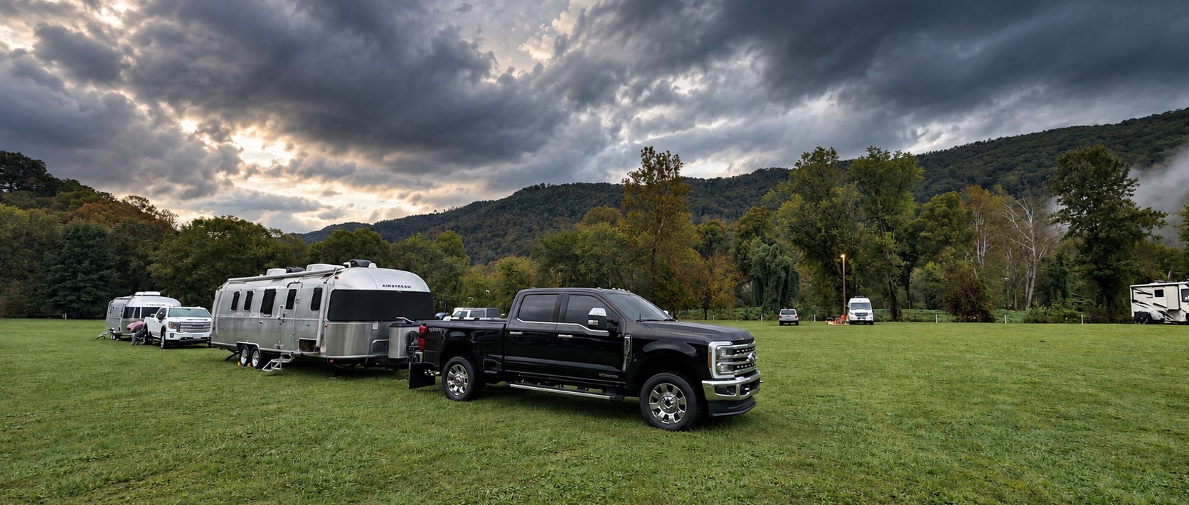 A black pickup hitched to a silver Airstream on a green lawn at base camp, with mountains and a heavy gray sky with the sun breaking through