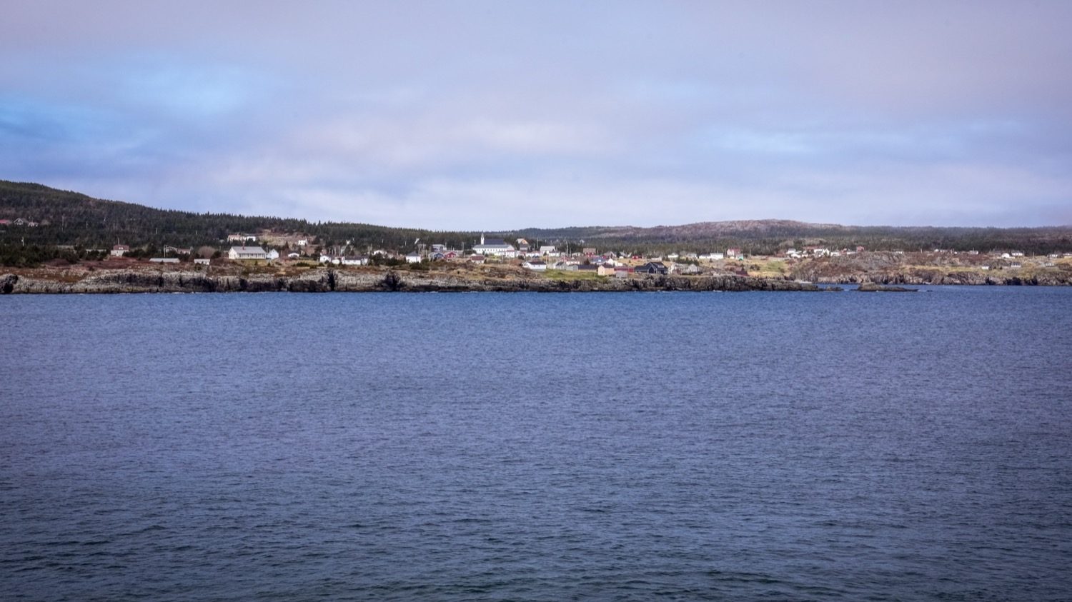 A small coastal village seen across the water near Elliston, with a white church steeple among the rooftops