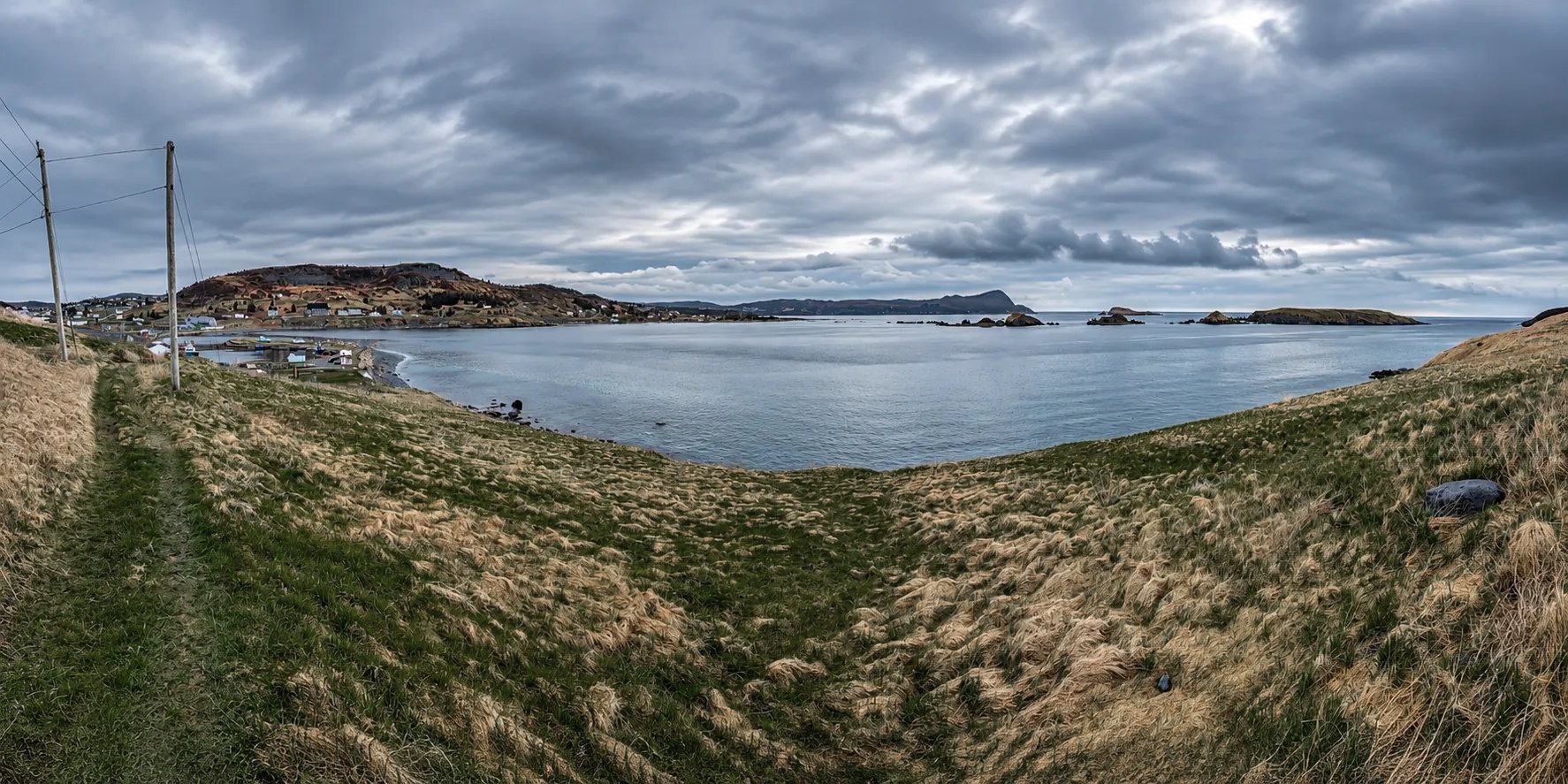 A wide view of Ferryland's harbor and small islands from a grassy headland, with the town at the left under a cloudy sky