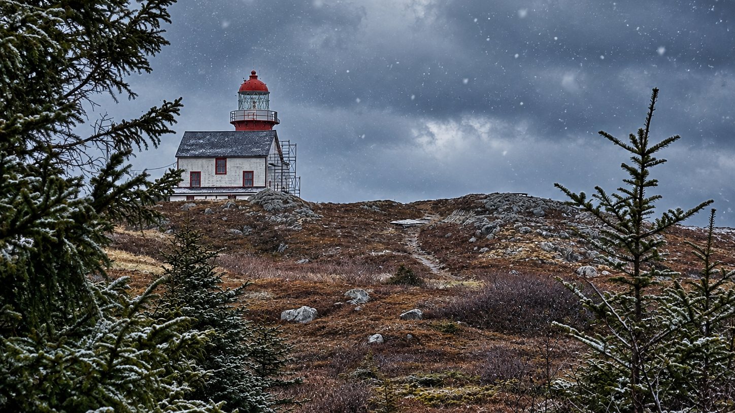 The red-topped Ferryland Head Lighthouse and its white keeper's house on a brown hillside, with snow falling and spruce trees in the foreground