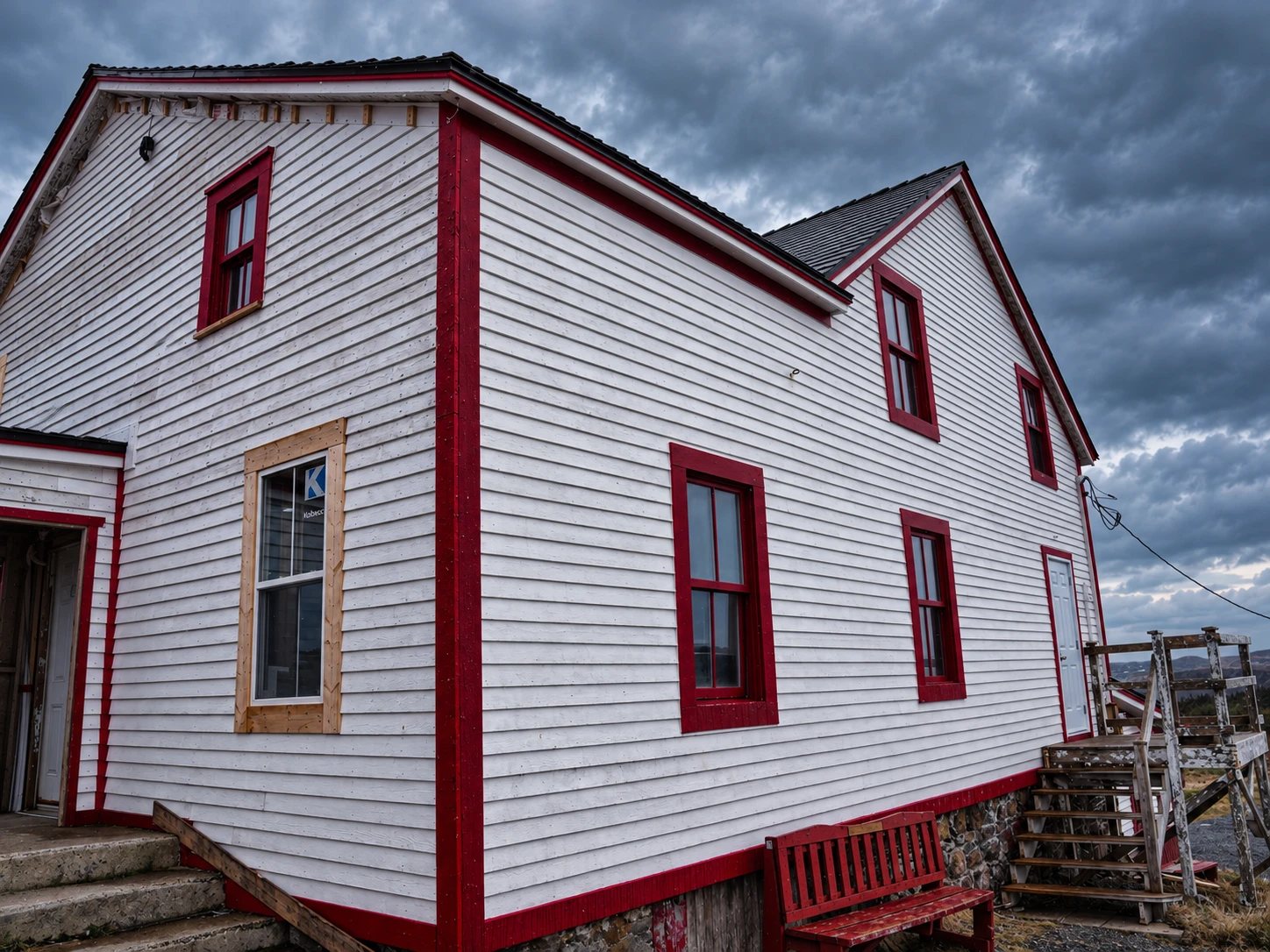 The white two-storey keeper's dwelling at Ferryland Head with red window and corner trim, a red bench and wooden steps, under a dark sky