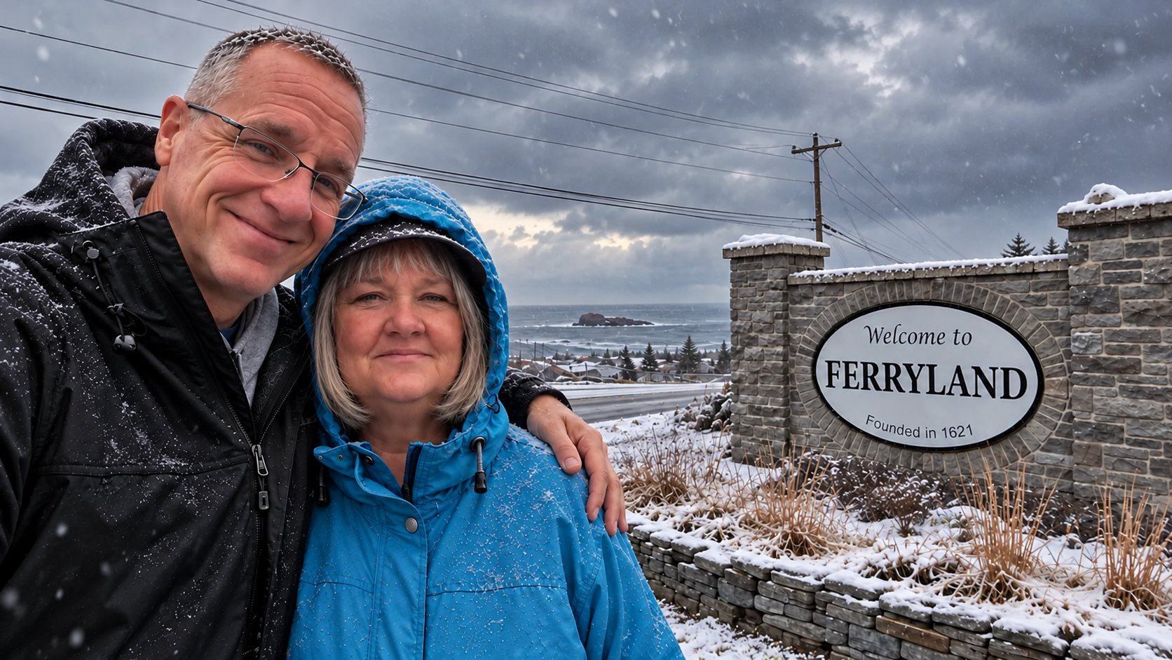 Dan and Heather in winter jackets dusted with snow, smiling beside the snow-covered Welcome to Ferryland sign with the gray sea behind them