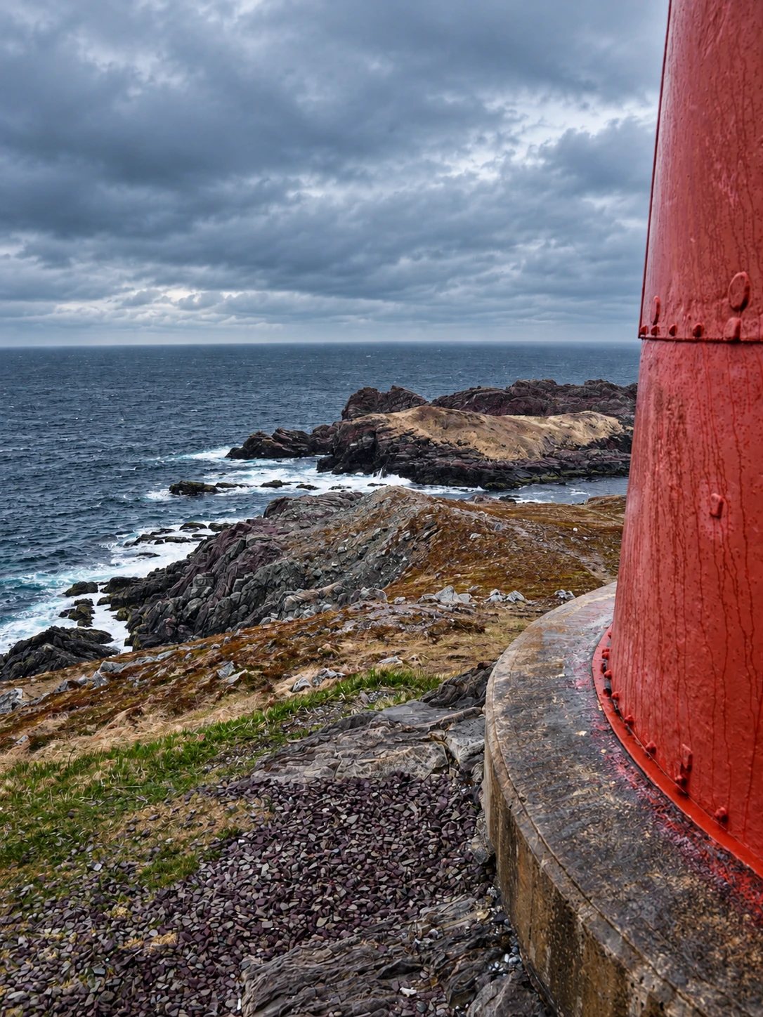 The riveted red iron plates at the base of the Ferryland Head Lighthouse tower, with a stone base, a rocky shoreline and waves beyond