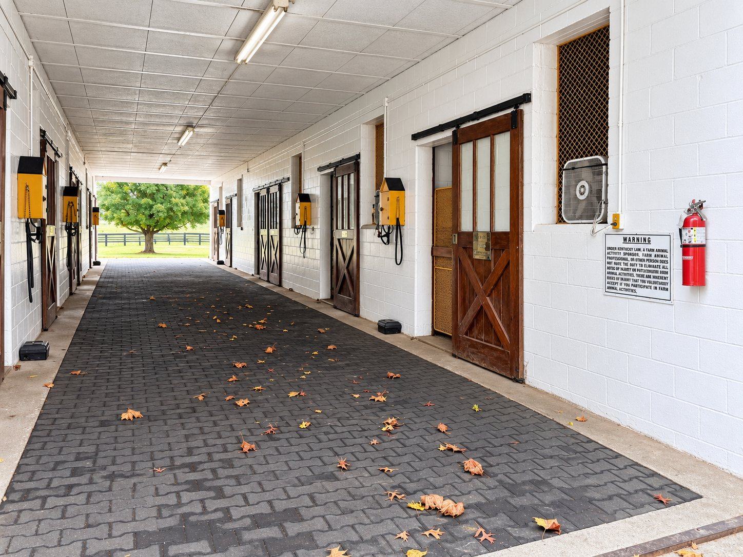 The brick-paved aisle of a white barn lined with wooden stall doors and yellow wall-mounted boxes, with fall leaves on the floor