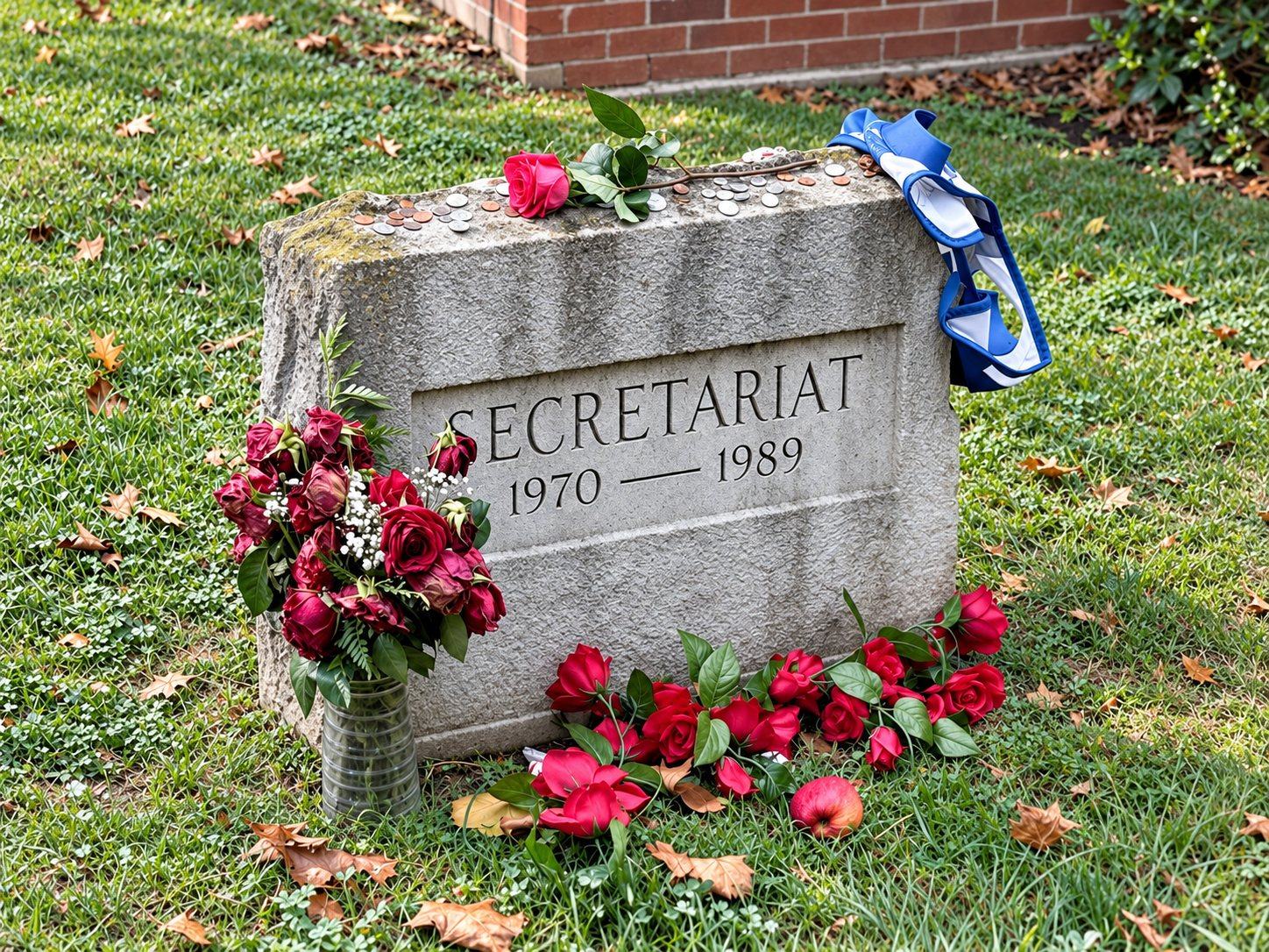 Secretariat's gray granite grave marker, dated 1970 to 1989, with red roses, a blue and white ribbon and coins on top, beside a brick wall