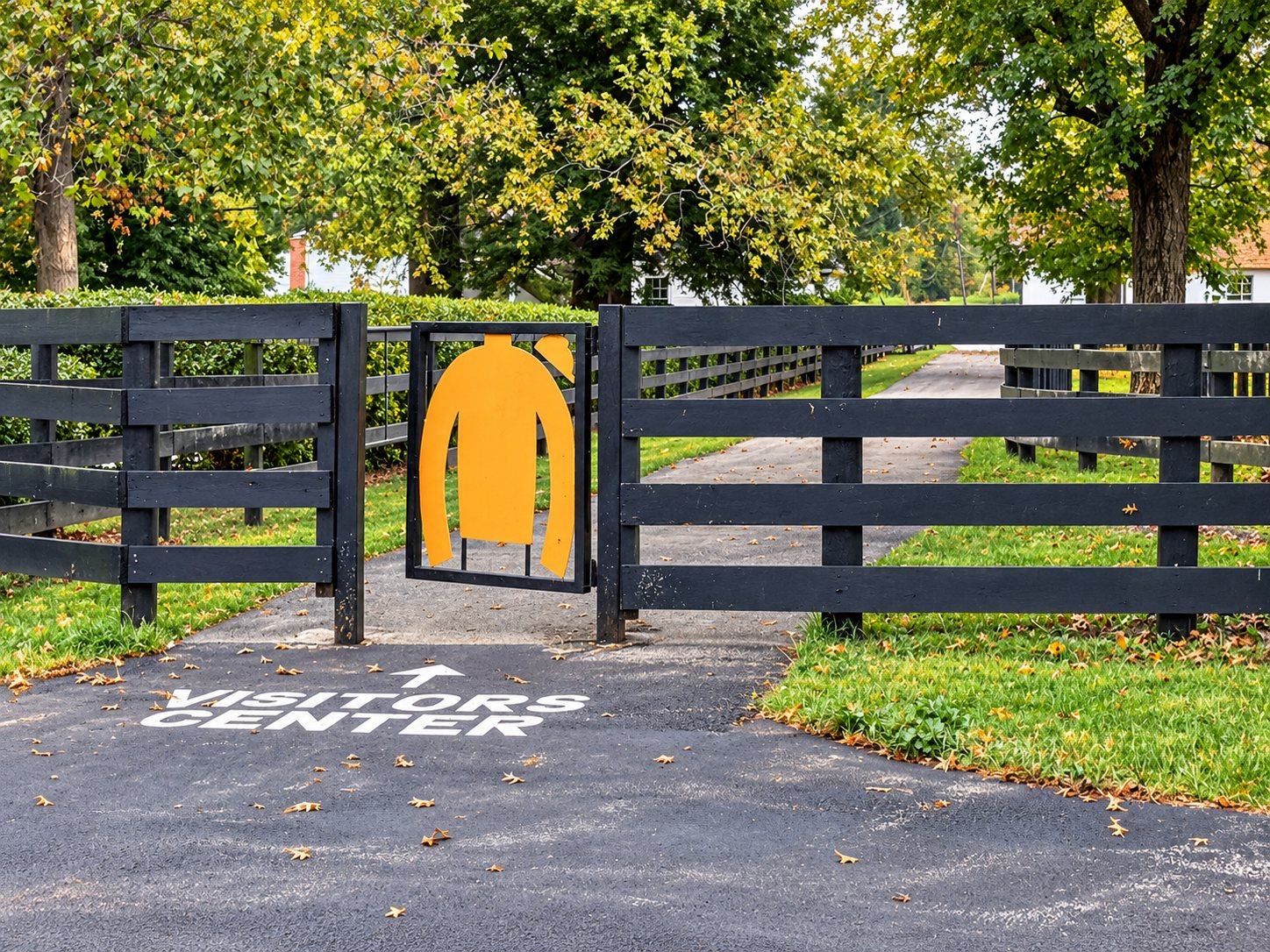 A black board fence gate with a yellow jockey silks cutout beside a paved drive marked Visitors Center, under fall-colored trees