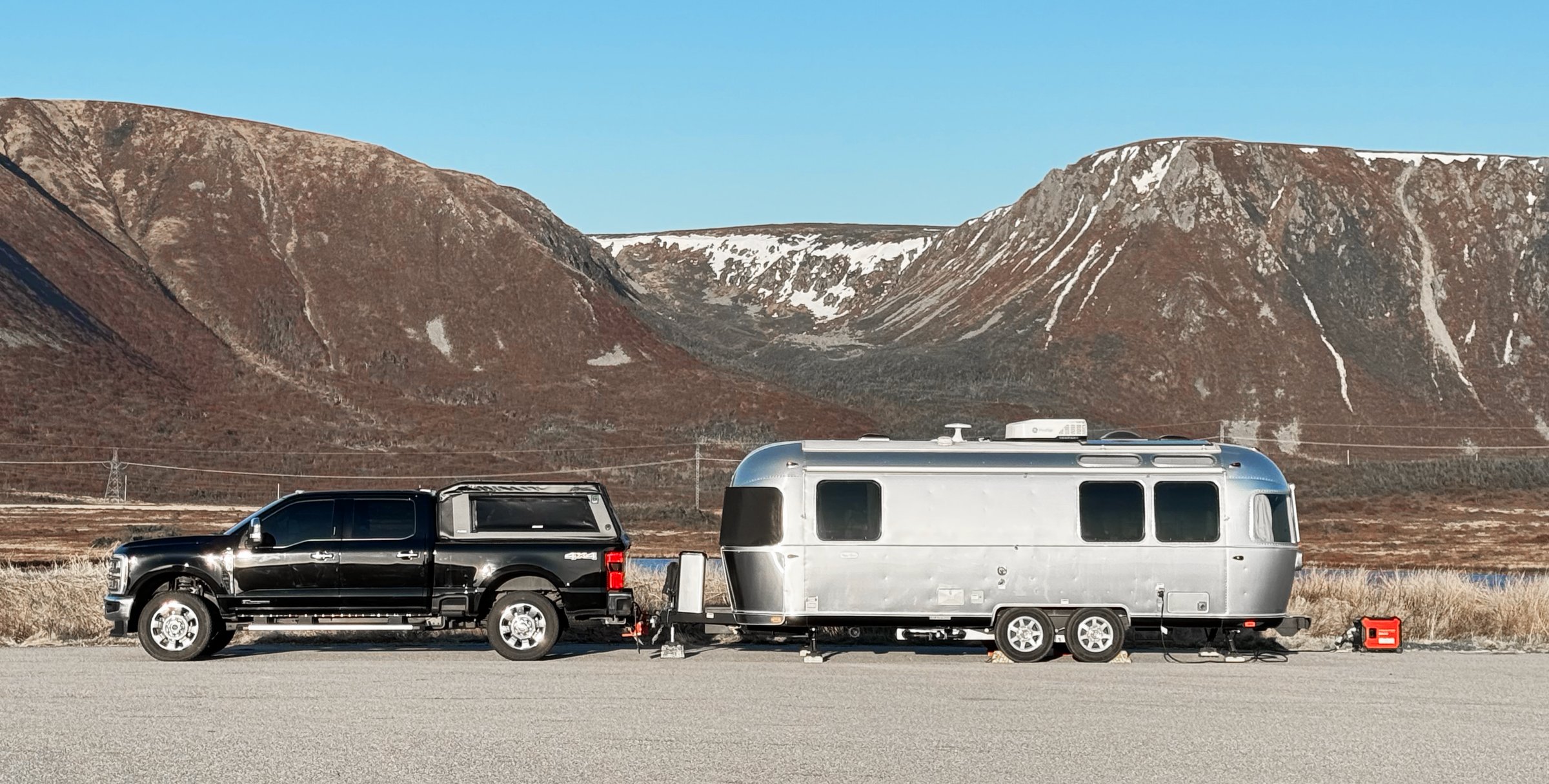 Their Airstream and truck parked at Wreckhouse, Newfoundland