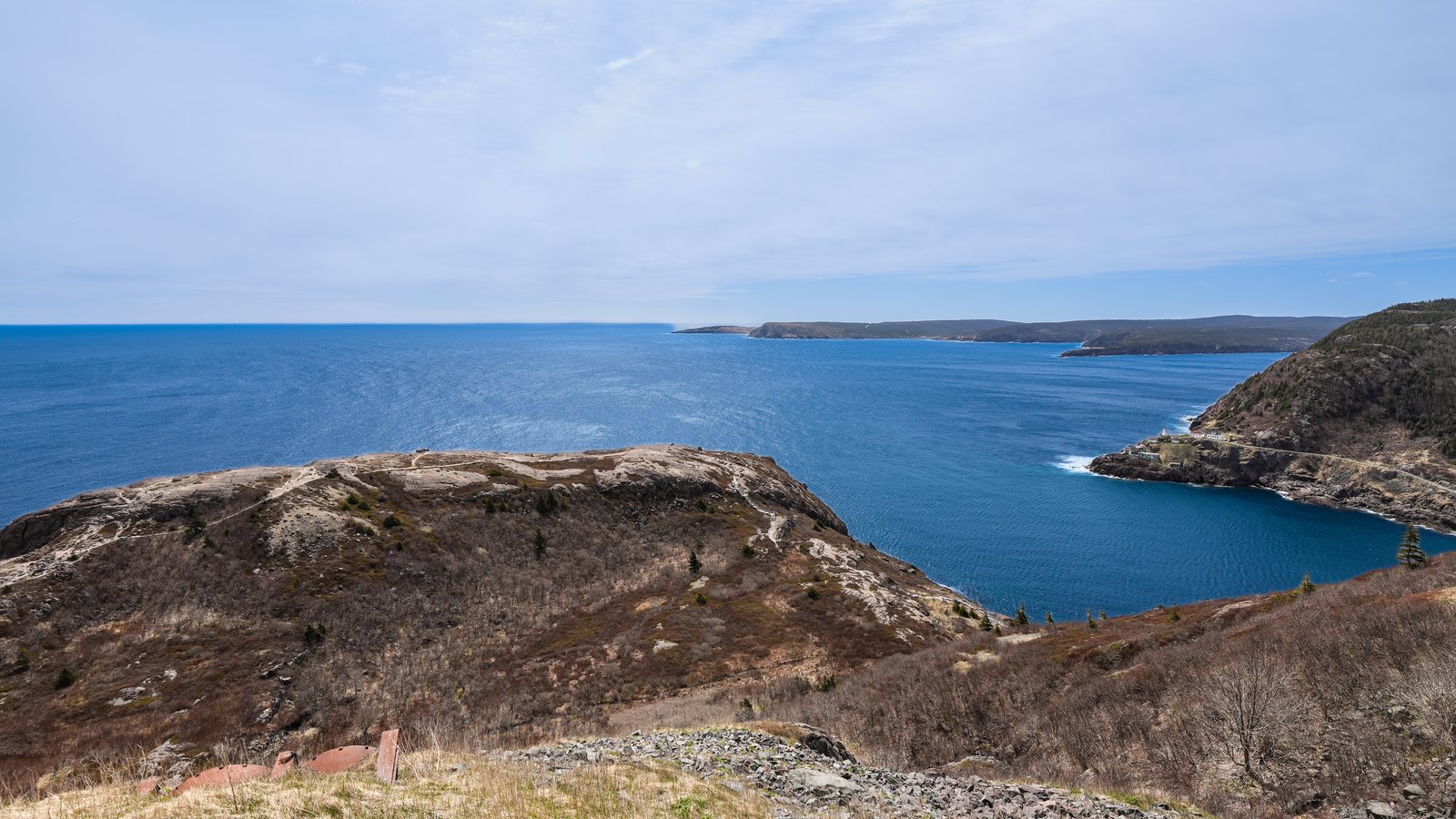 The Narrows, the channel into St. John's harbor, seen from Signal Hill, with a rocky headland and the open Atlantic beyond