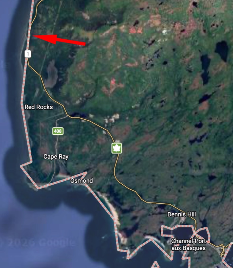 Satellite map showing the Trans-Canada Highway between Channel-Port aux Basques and Wreckhouse, with an arrow marking the parking lot