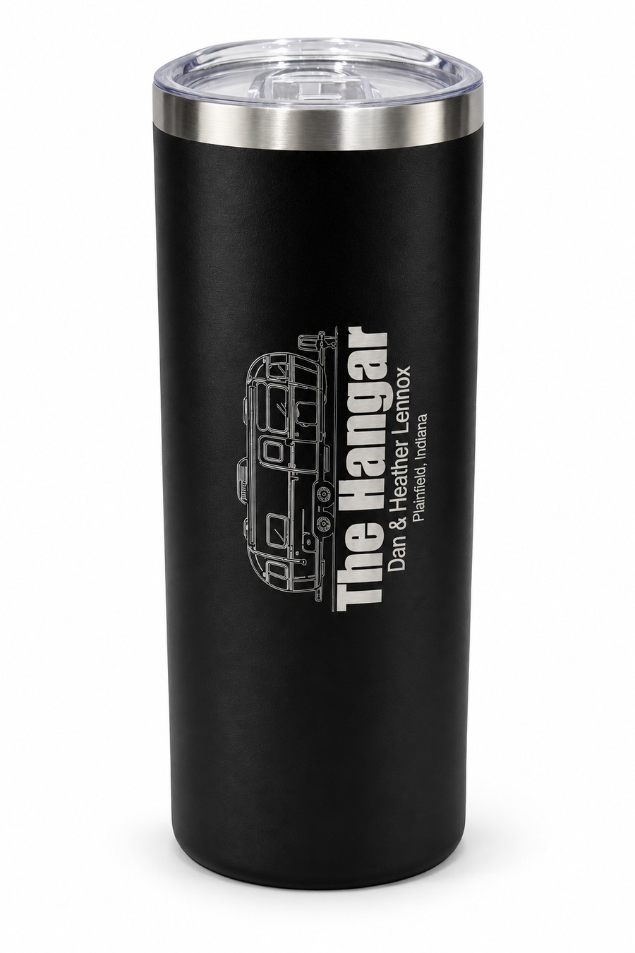 A black insulated tumbler laser-engraved with an Airstream travel trailer and custom text